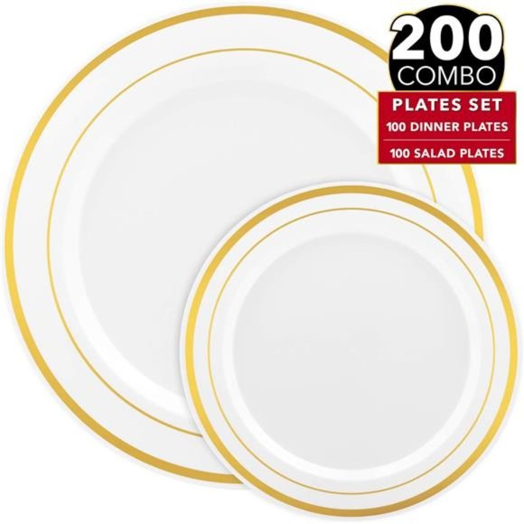 200pc Gold Plastic Plates -100Dinner Plates & 100 Salad Plates,White+Gold-Rimmed - Picture 2 of 7